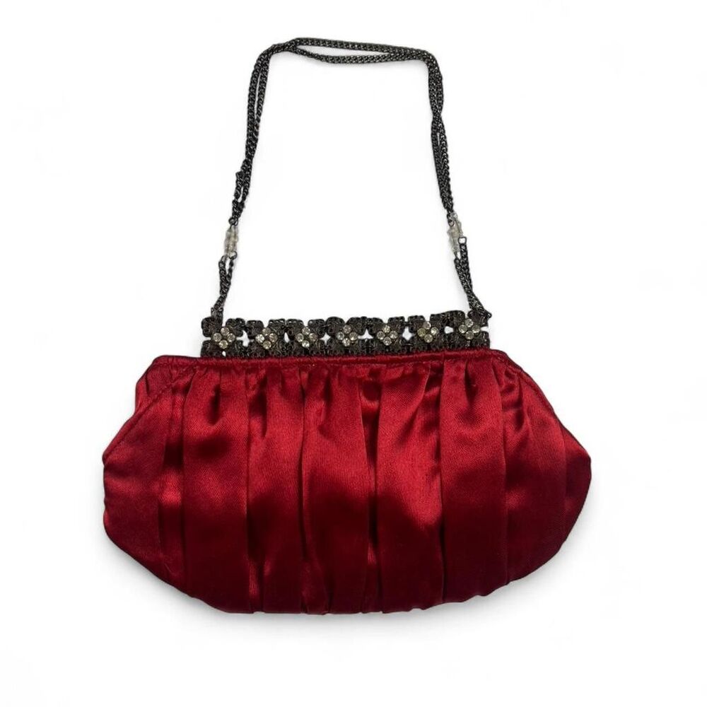 Vintage Red Satin Beaded Clutch Purse Chain Strap Evening Bag Glam Party
